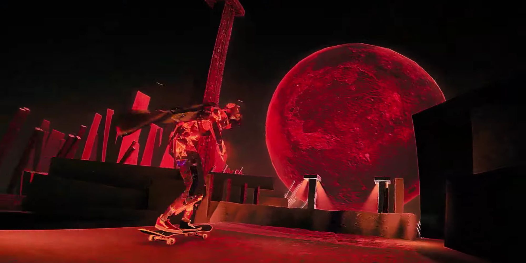 Glass person on a skateboard with a large red moon in the background