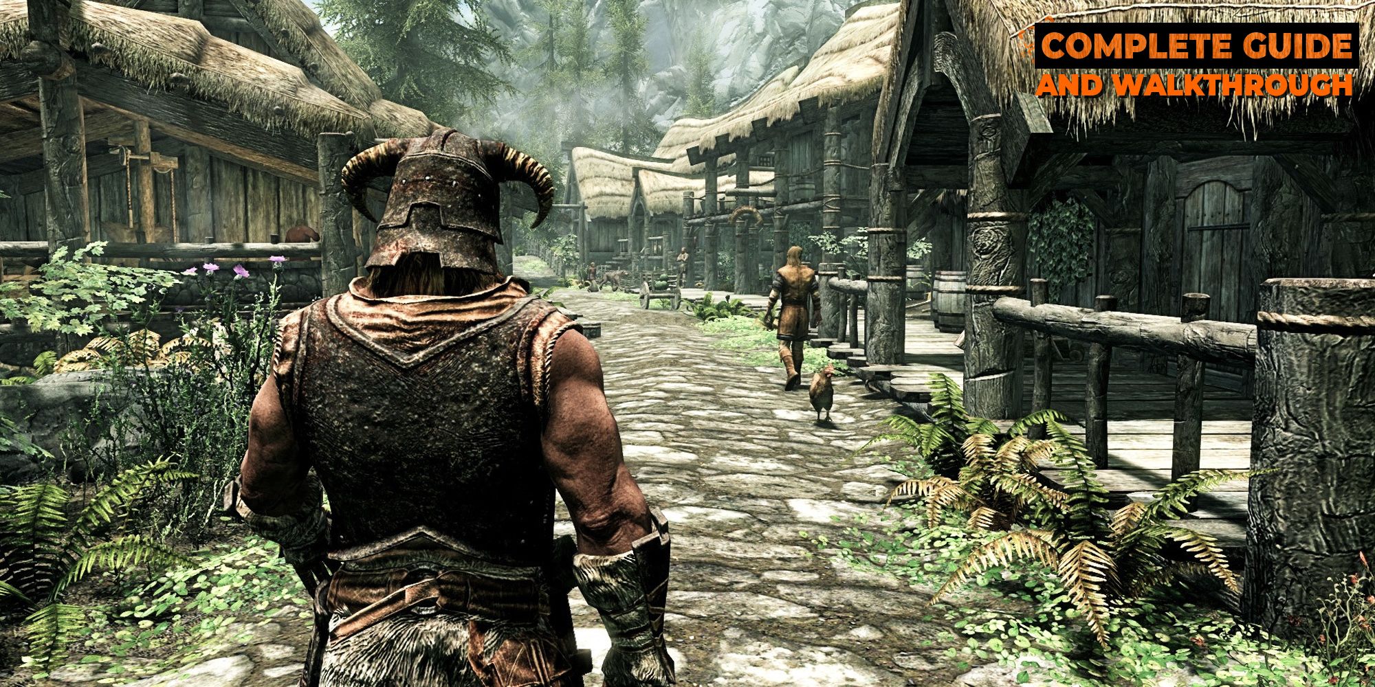 An annotated image of the Dragonborn walking down a street.