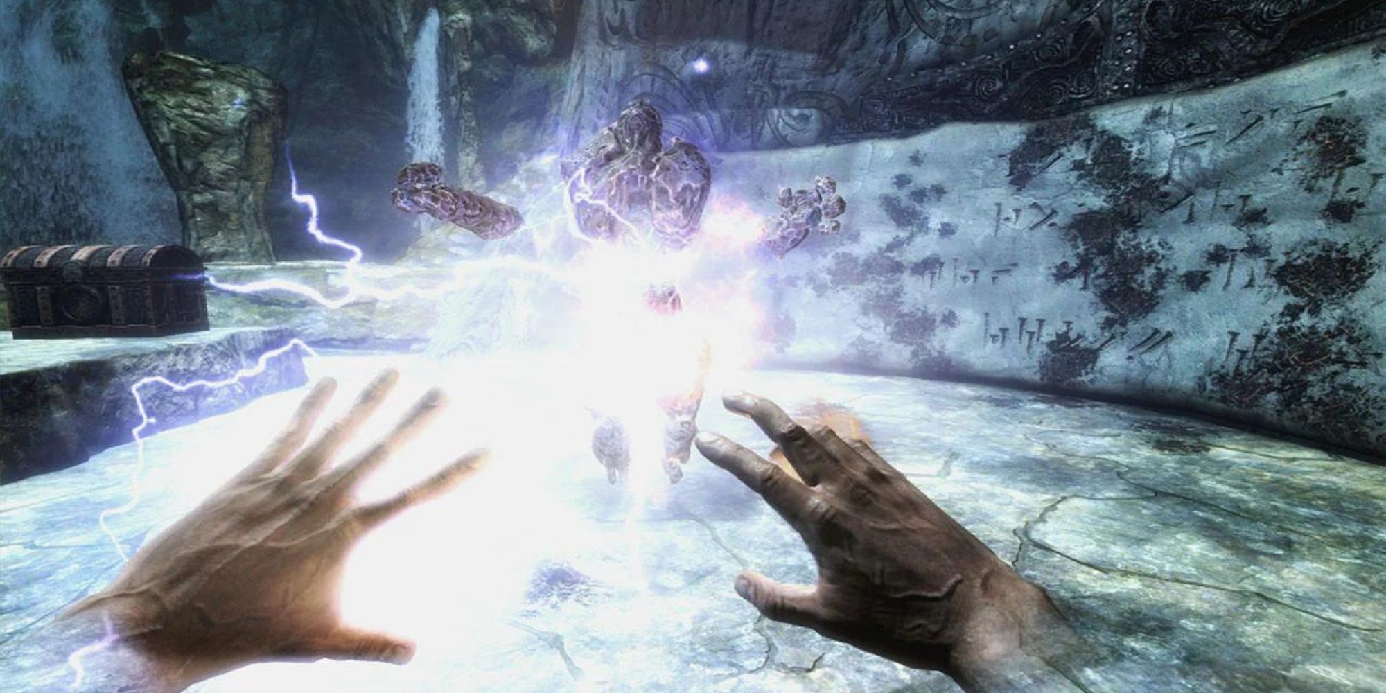 The player uses a spell on a enemy in the snow