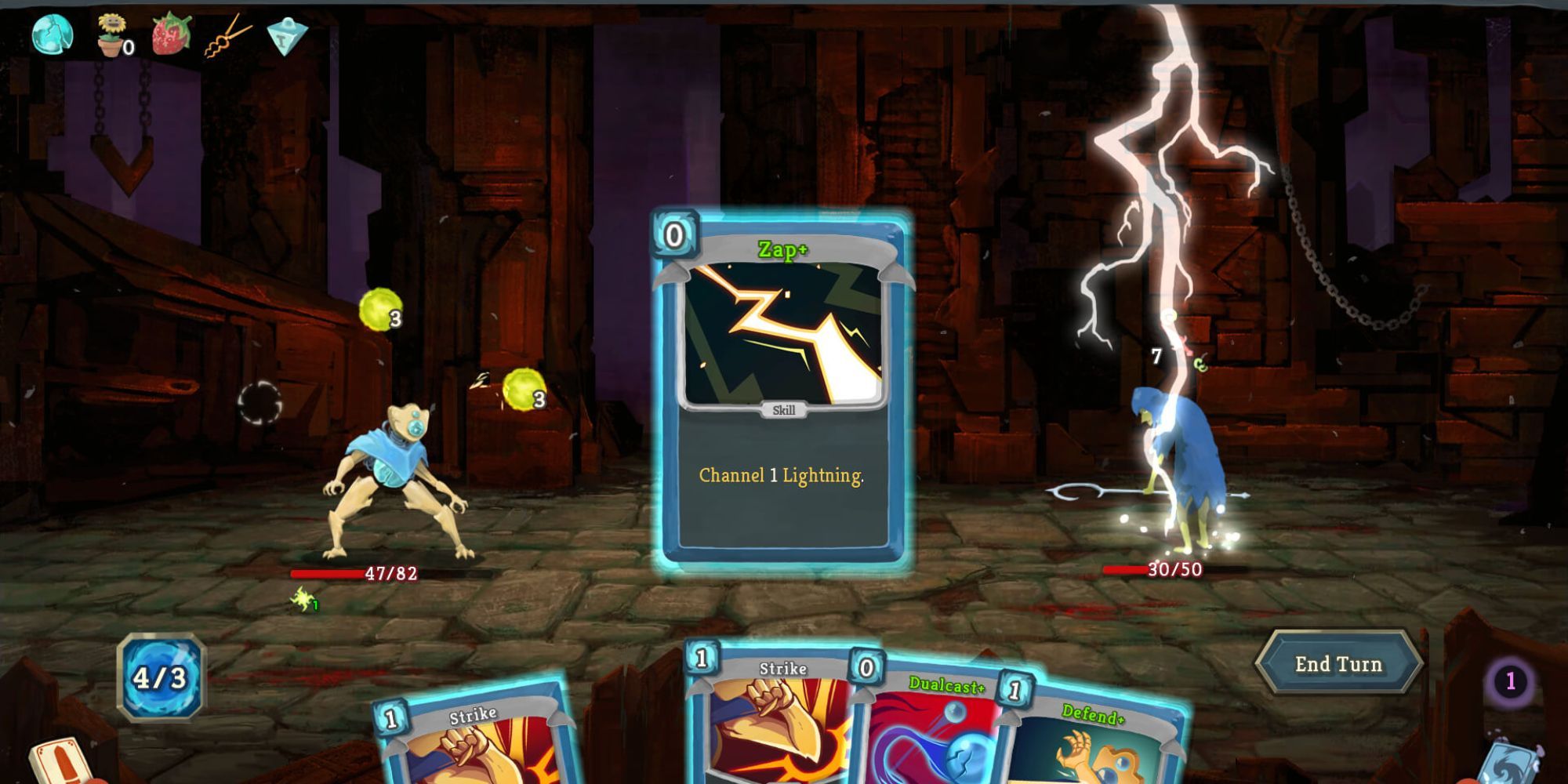 The Defect uses an electric attack on a Blue Slaver