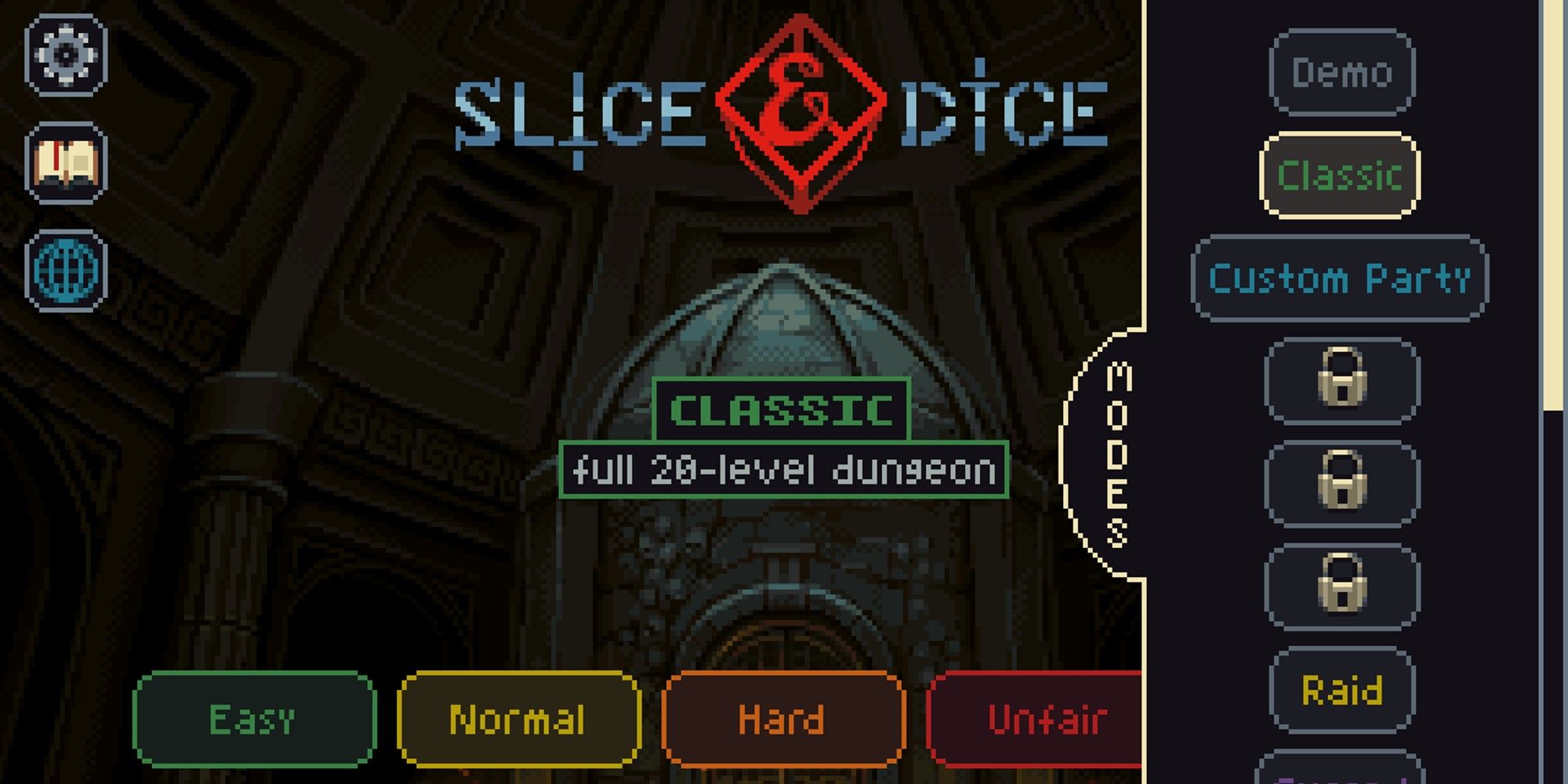 Slice and Dice Main Menu Screen with the modes menu open