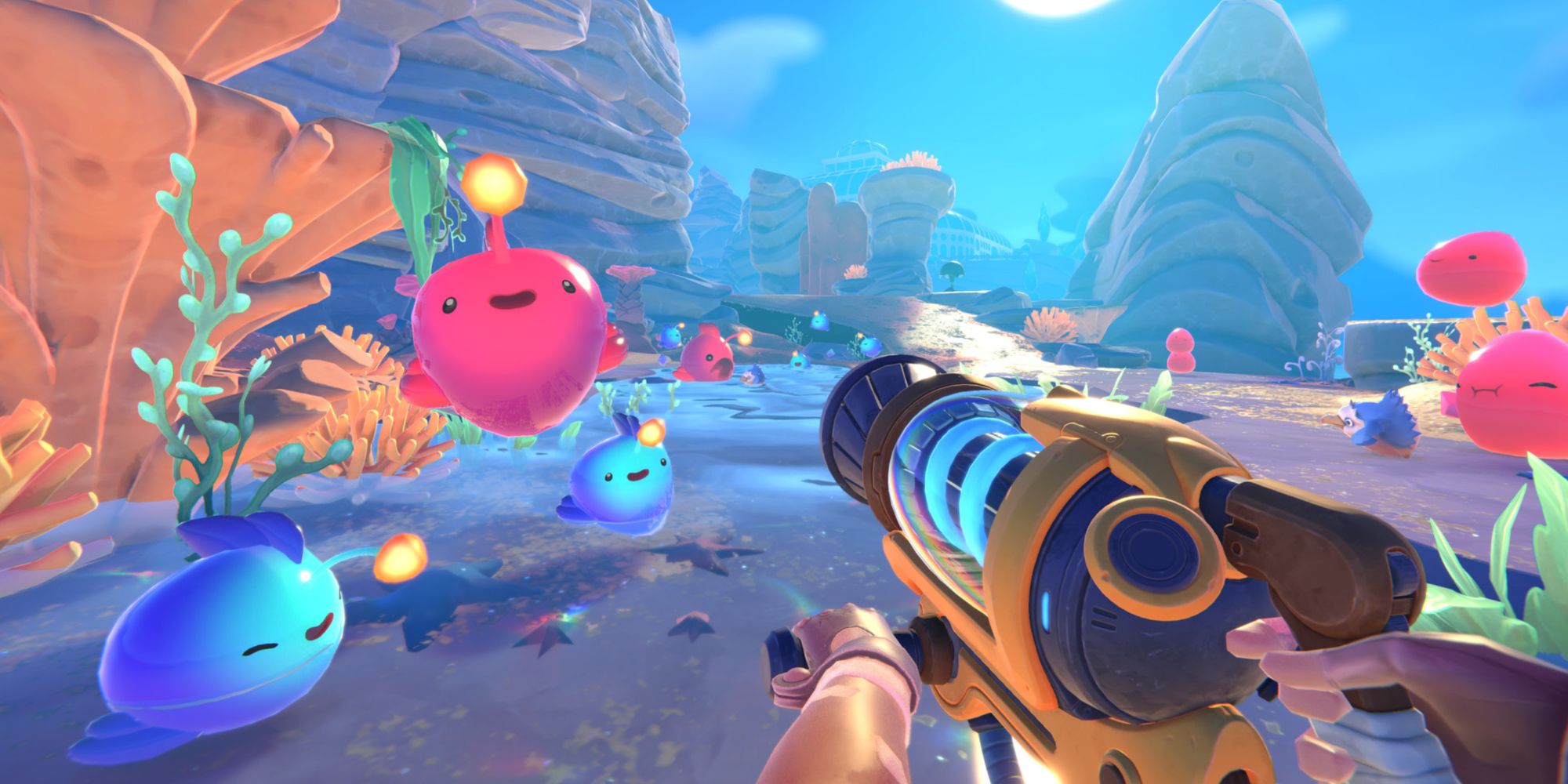 Beatrix LeBeau wielding a Vacpack in front of various slimes in Slime Rancher 2