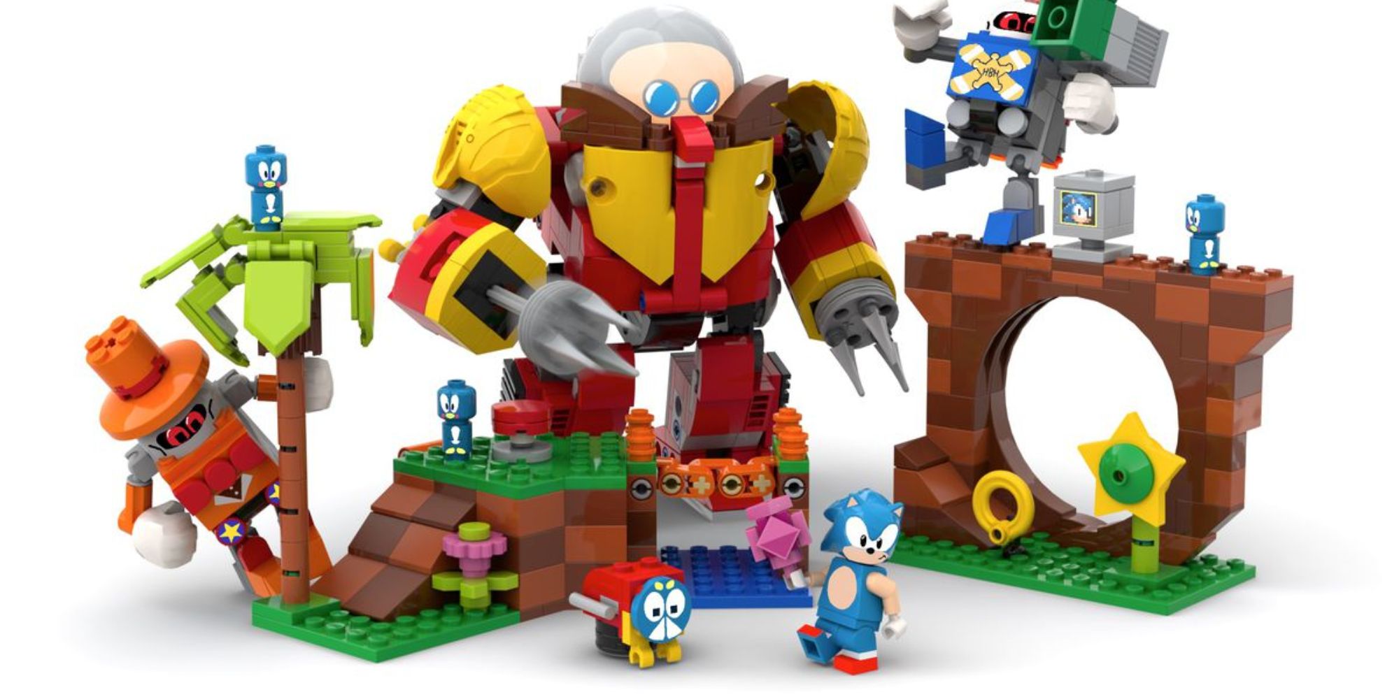 Sonic and various enemies and levels in Lego form