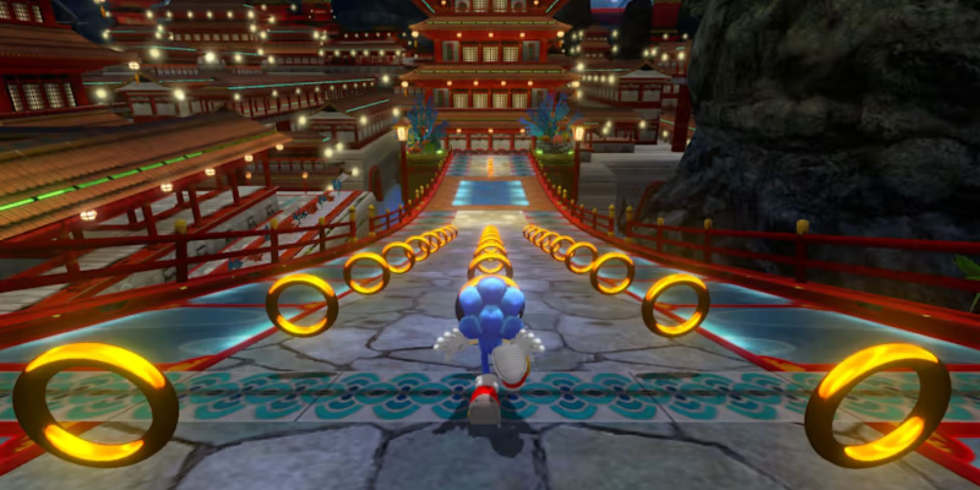 Sonic collects rings as he runs through a dark city.