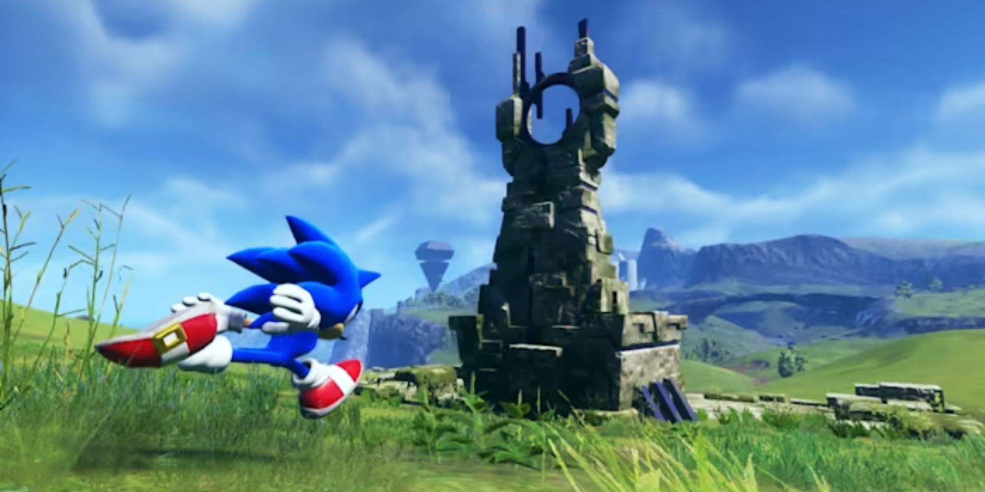 Sonic runs past a stone pillar in an open field from Sonic Frontiers.