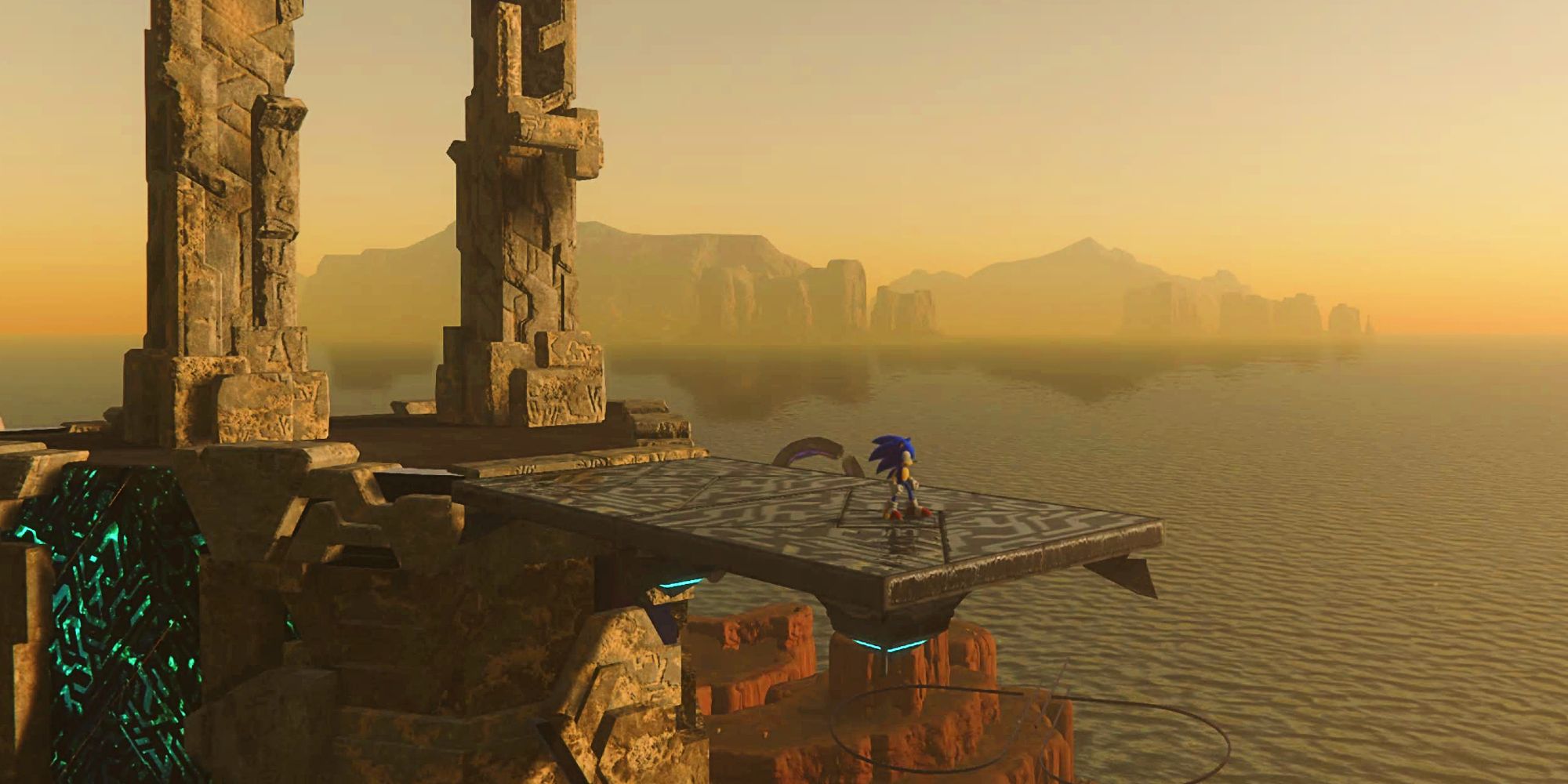 Sonic takes in the view across Ares Island, a sea of golden-brown sand, jagged machinery, and glittering green ruins.