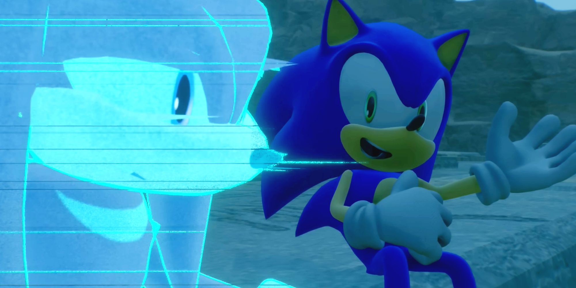 Sonic gives his buddy Knuckles a much-needed pep talk amid the stony ruins of Ares Island.