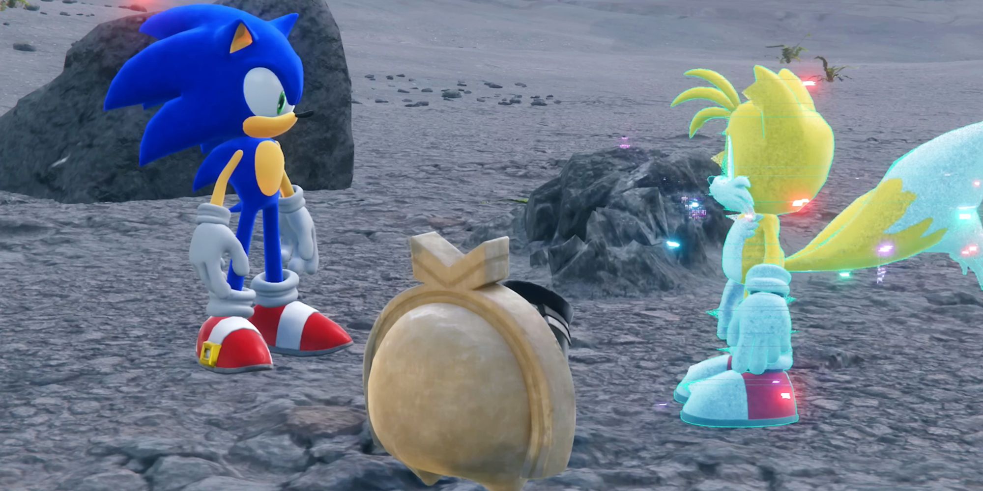Sonic and Tails discuss what to do about the tiny stone Koco sandwiched between them on Chaos Island.
