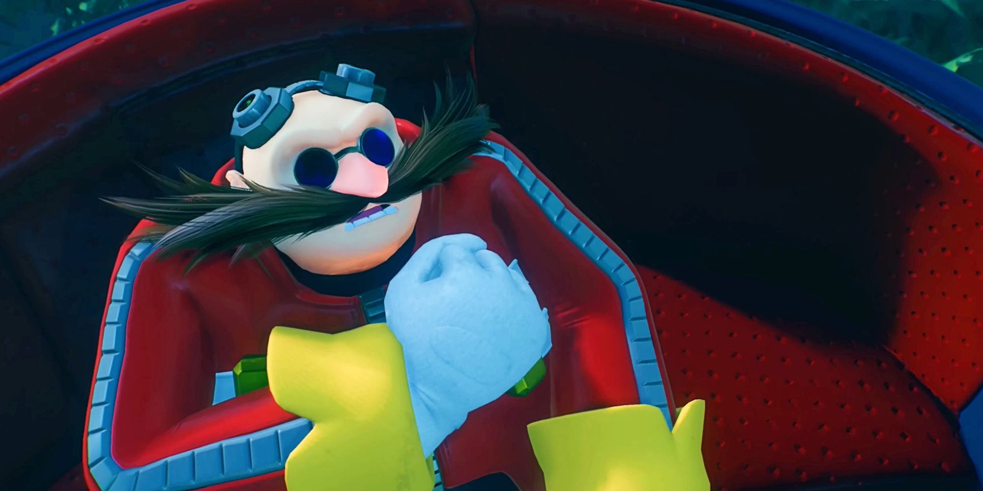 Dr. Eggman, fist over his heart, prays for his dearest daughter Sage to be successful in the coming battle.