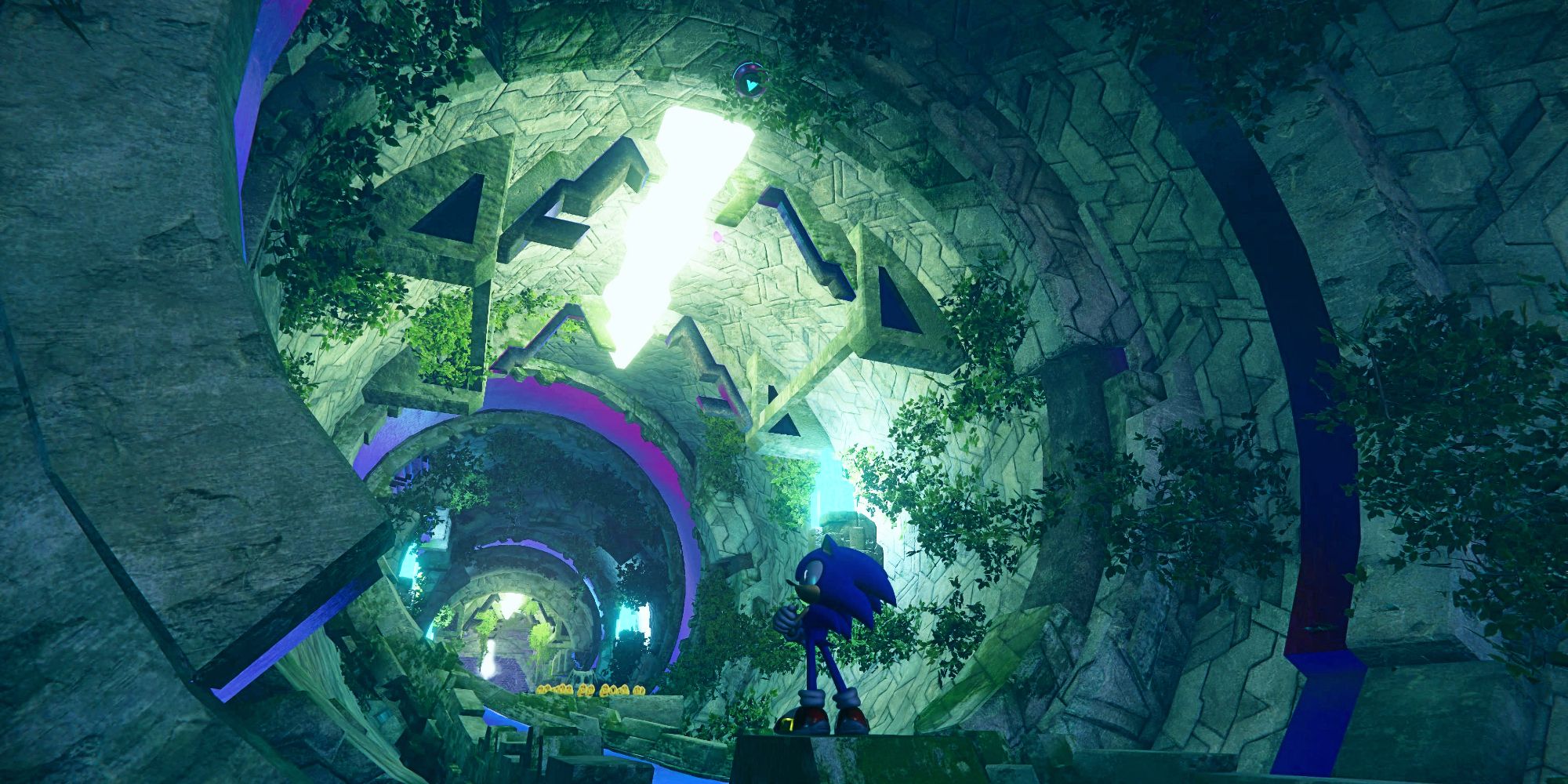  the spiraling tunnel of hanging vines and violet magnetic panels leading to it the entrance To Chaos Emerald Temple On Ouranos Island in Sonic Frontiers