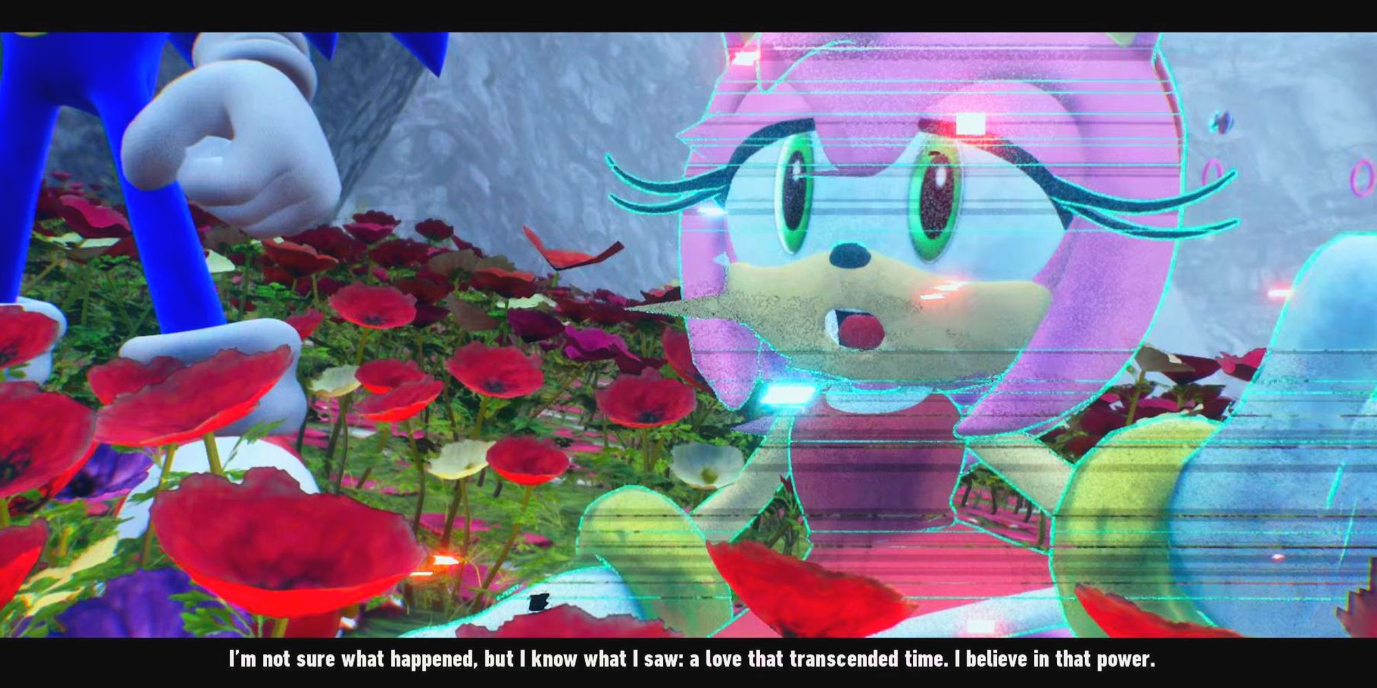Amy having a heartfelt conversation with Sonic in a field of crimson flowers on Kronos Island.