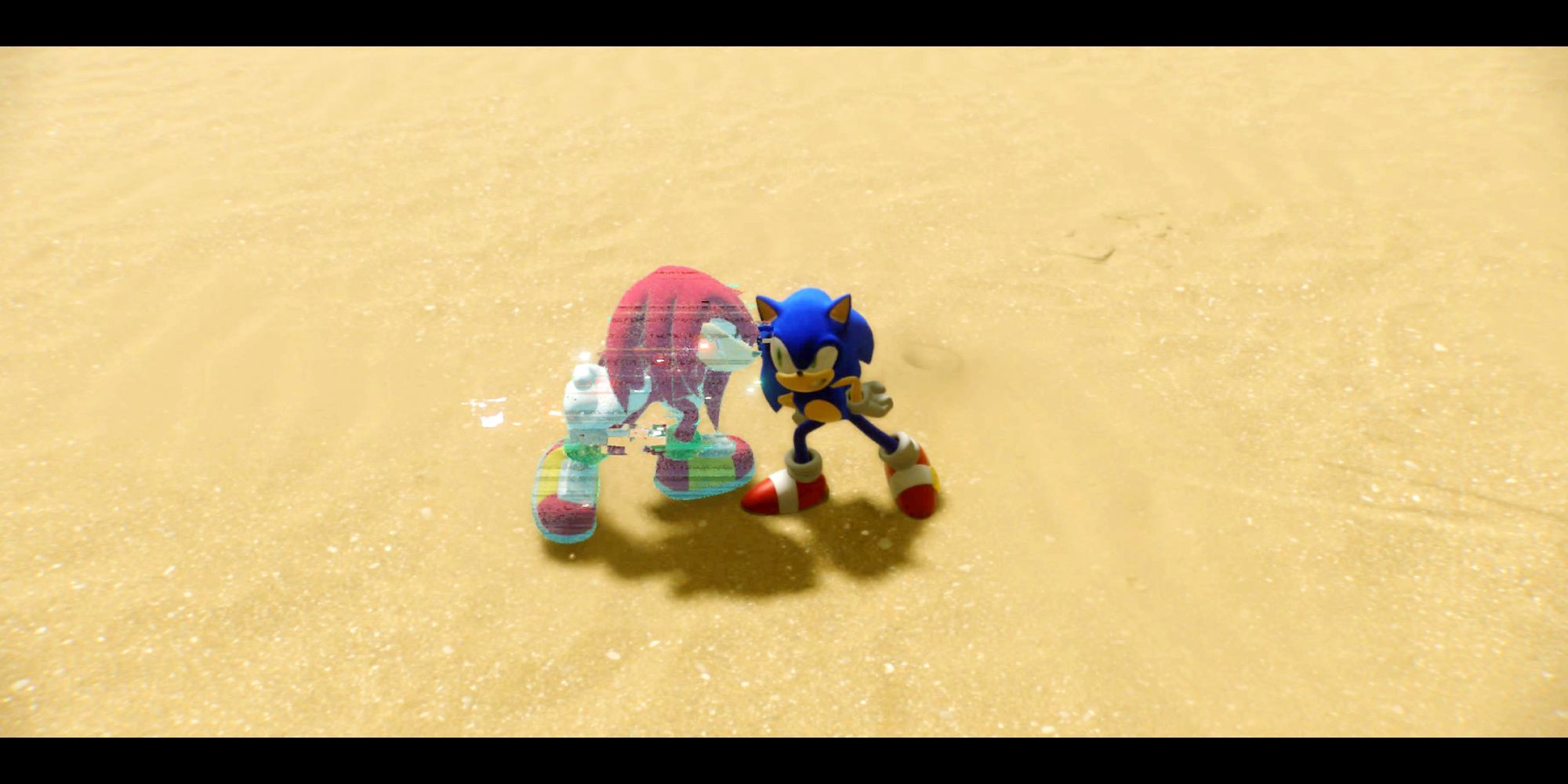 Sonic and Knuckles affectionately posturing at each other in the sand.