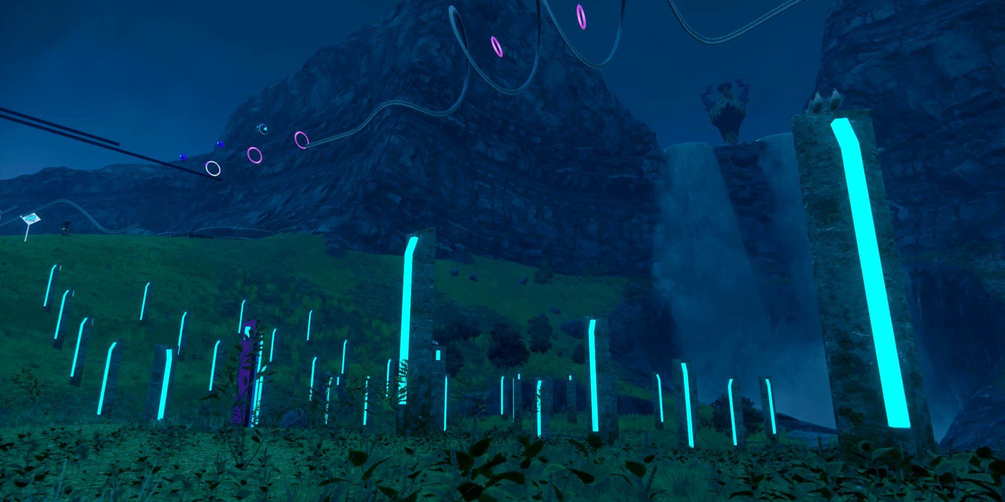 In the night, stone monuments scattered along the valleys of Kronos Island begin to glow with a soft cyan light.