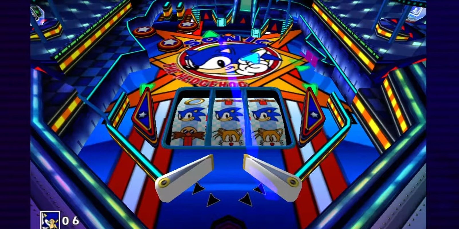 Sonic getting bounced hard by a flipper in Casinopolis zone in Sonic Adventure.