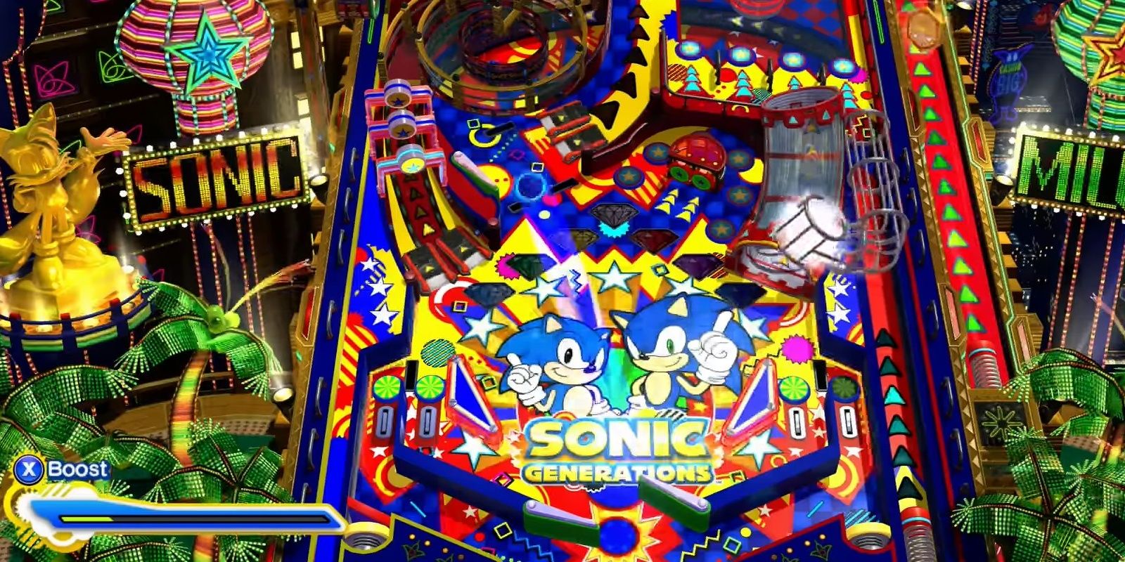 Sonic going high from a flipper in the Casino Night Pinball minigame in Sonic Generations.