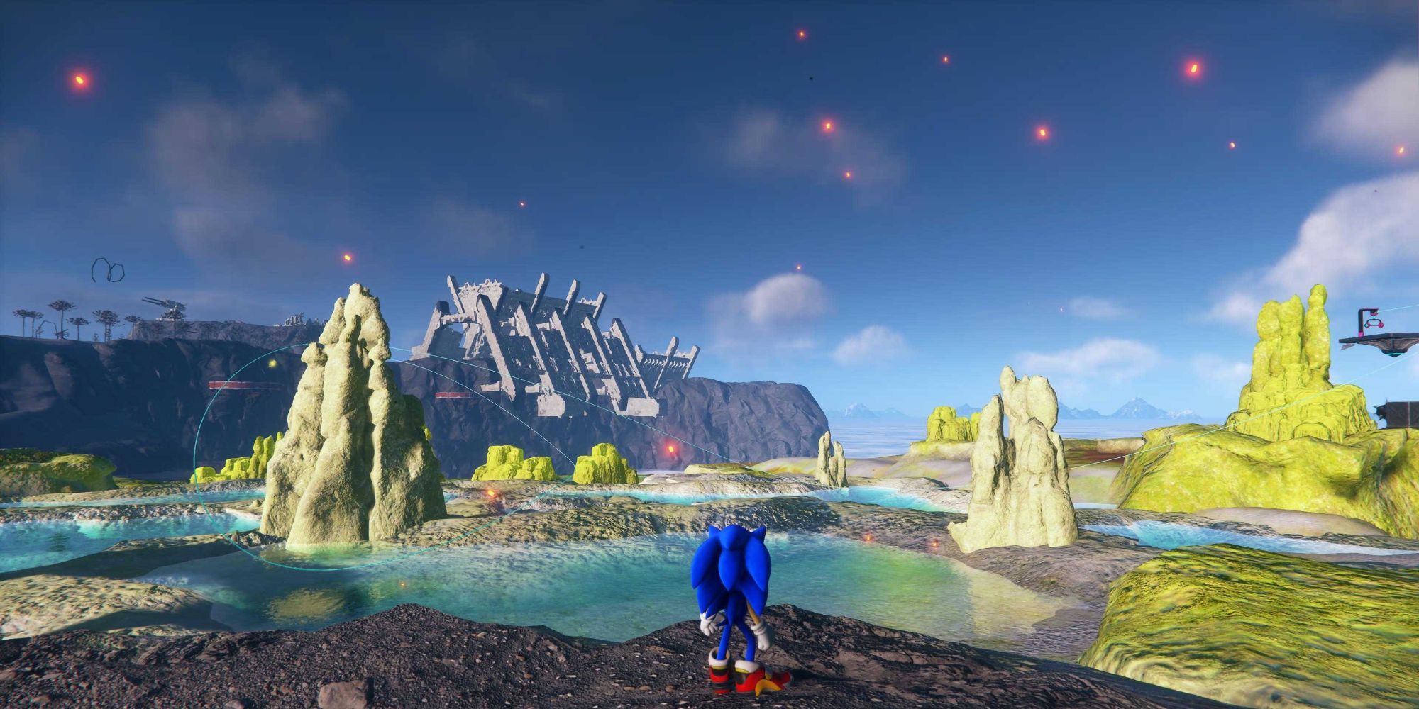 Sonic looking out at the Chaos Islands in Sonic Frontiers.