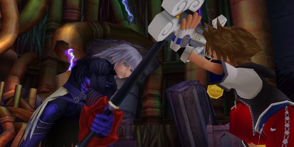 Sora blocking Riku-Ansem's keyblade with his Keyblade in Kingdom Hearts