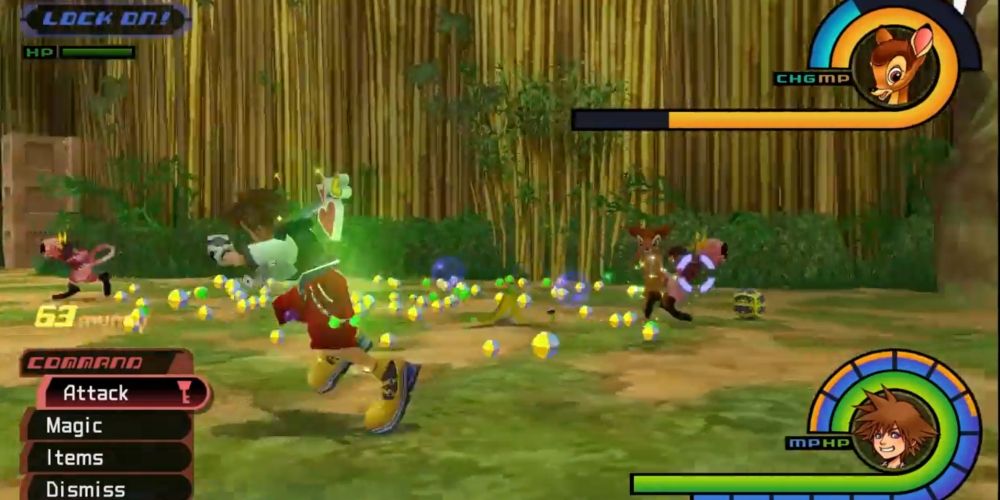Sora fighting Bouncywilds with munny on the floor in Deep Jungle in Kingdom Hearts