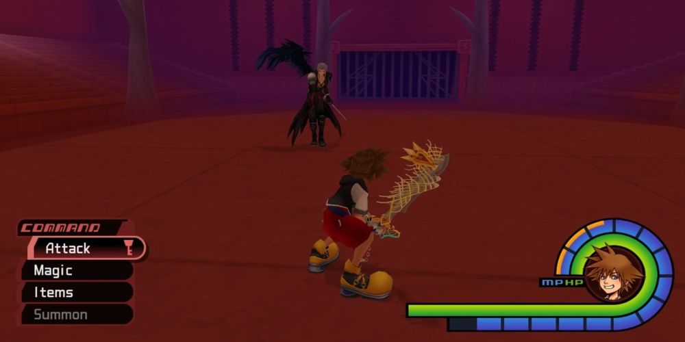 Sora fighting Sephiroth in Olympus Coliseum in Kingdom Hearts