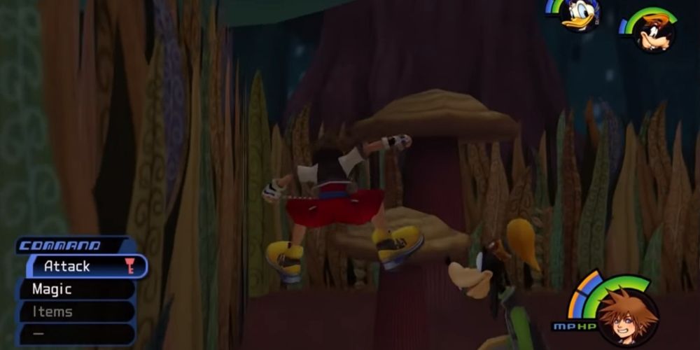 Sora jumping on a mushroom in Wonderland in Kingdom Hearts