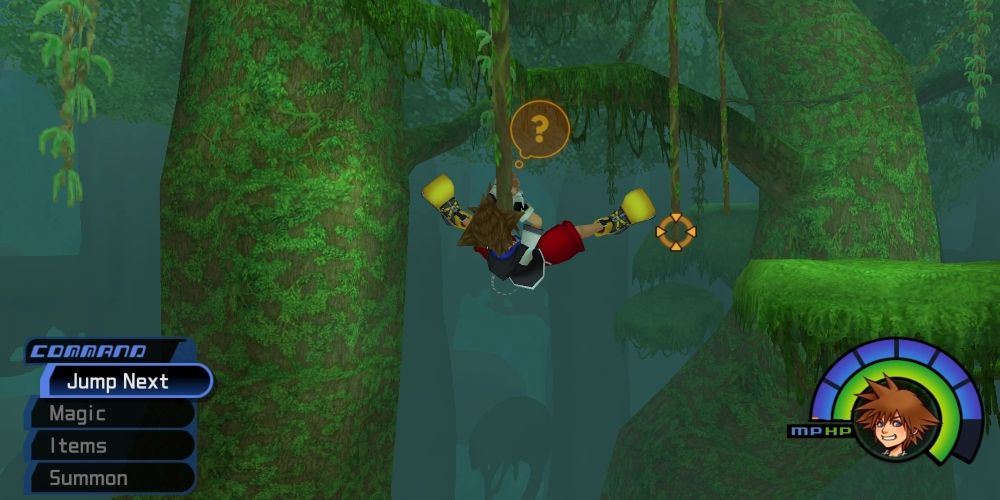 Sora swinging on a vine in Deep Jungle in Kingdom Hearts