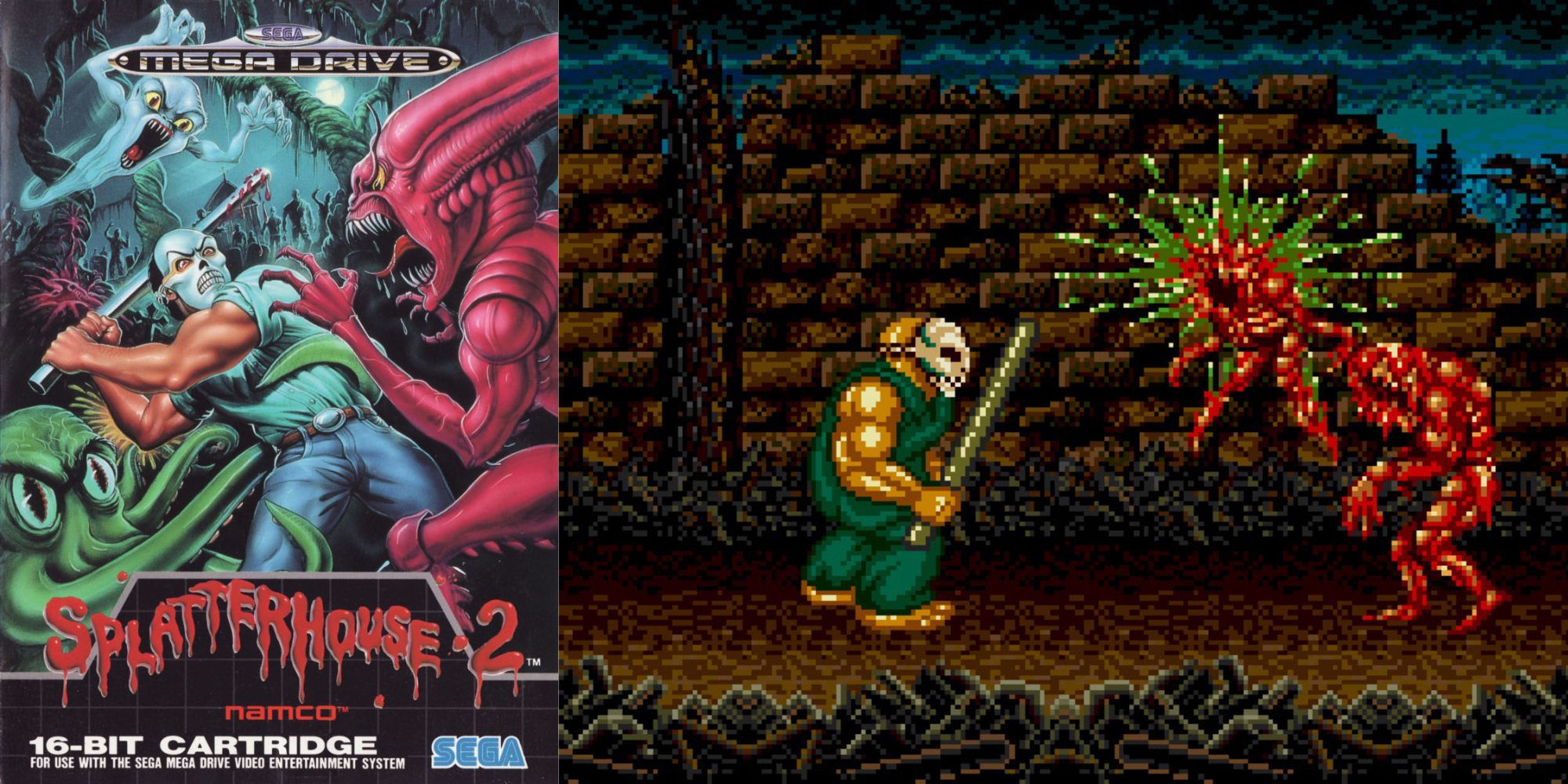 Splatterhouse 2 cover art with in-game image of hockeymasked character killing monsters.