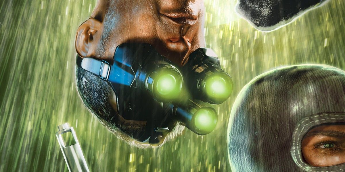 Splinter Cell Chaos Theory cover art featuring Sam Fisher hanging upside down behind an enemy