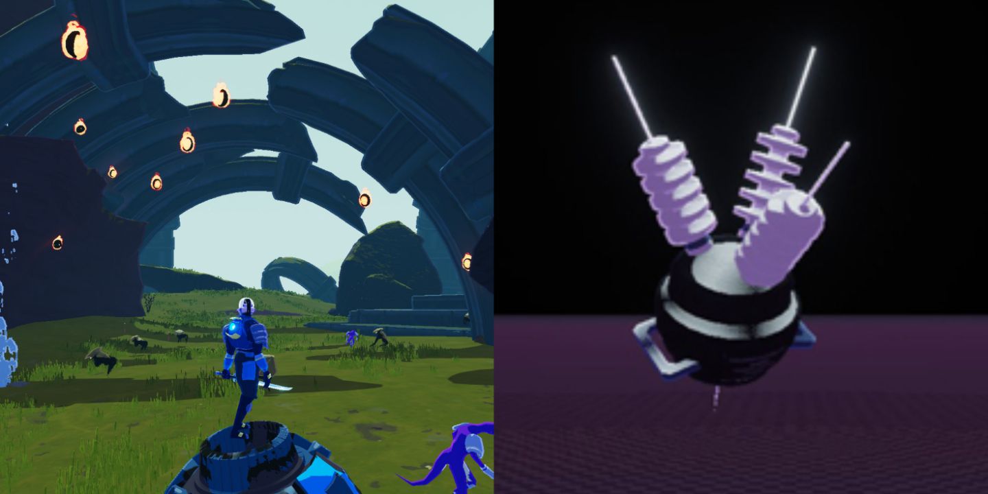 Split image of Mercenary on rock and Royal Capacitor from Risk of Rain 2