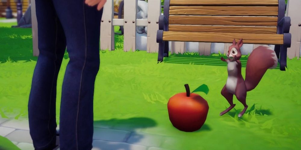 Squirrel jumping for joy at an apple in Disney Dreamlight Valley