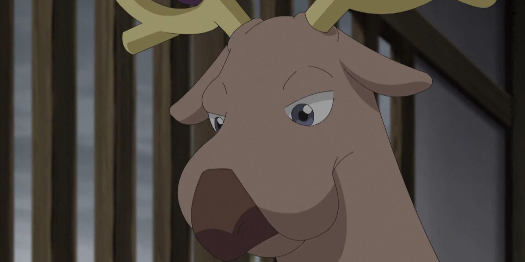 Stantler looks down while standing in a dark room