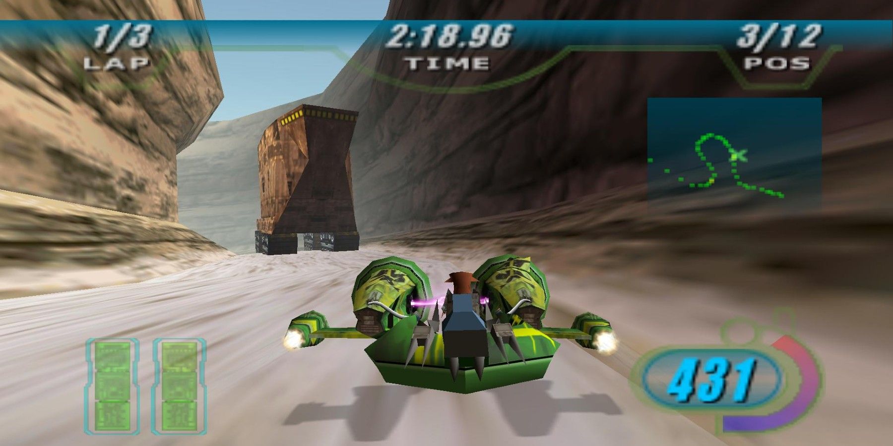 Green pod zipping through valley in Star Wars Episode 1 Racer.