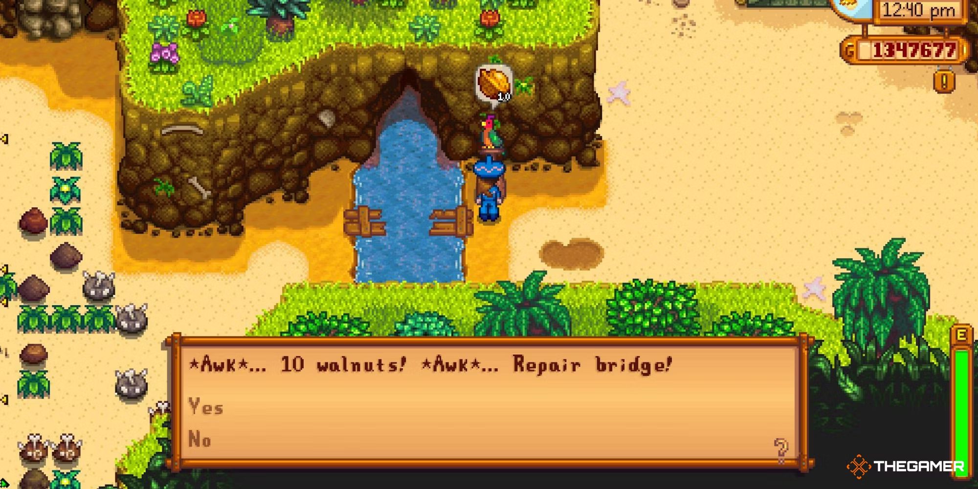 player repairing bridge to dig site