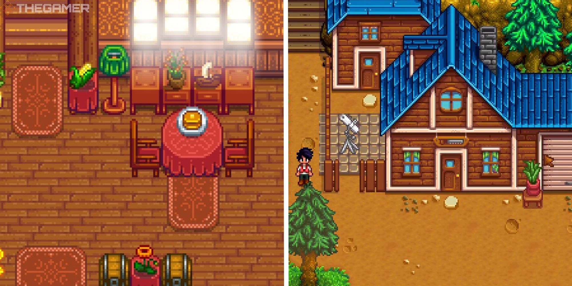 split image showing rugs on floor next to image of robin's carpenter shop