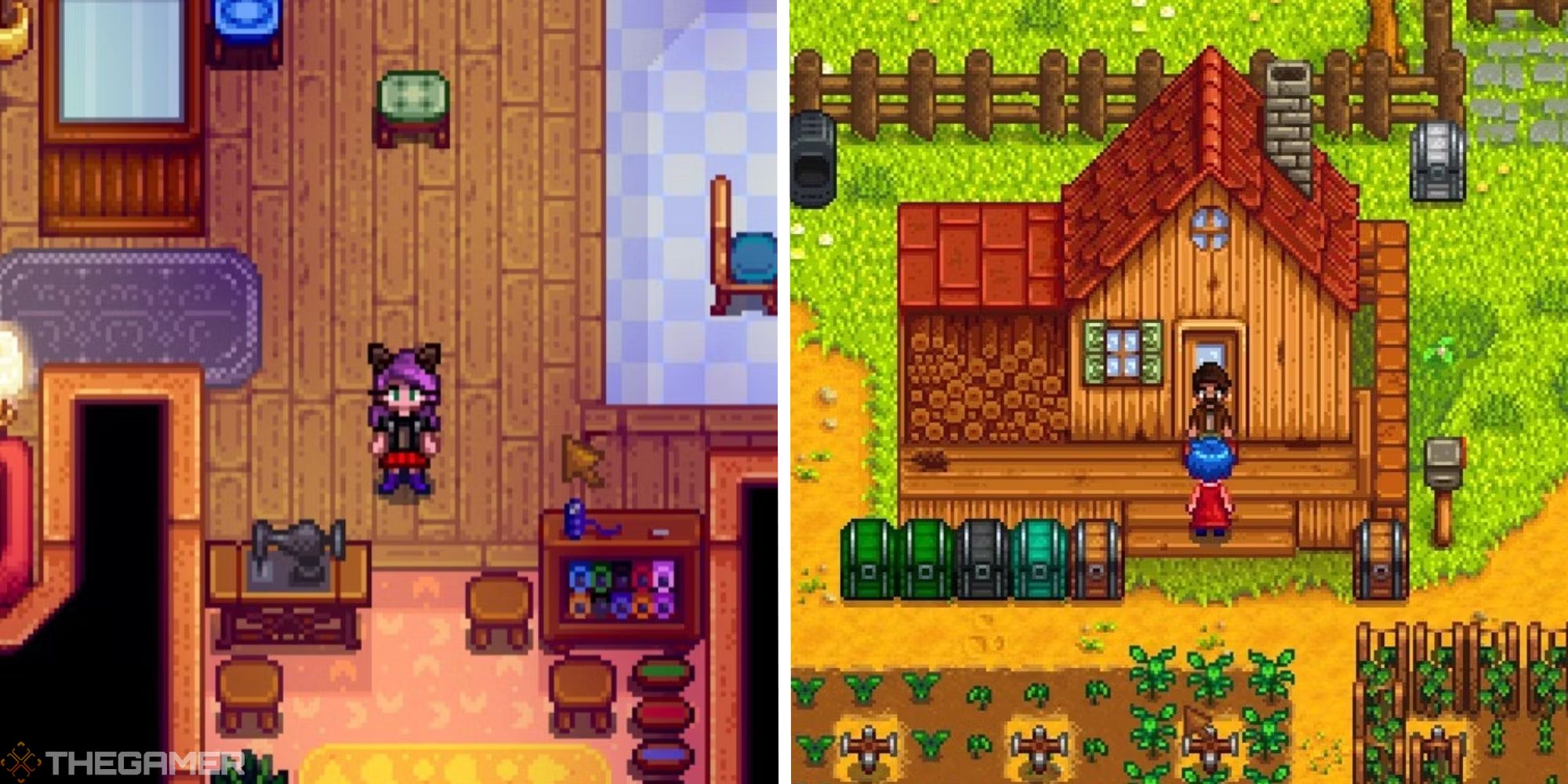 image of player near emilys sewing machine next to image of emily at players house
