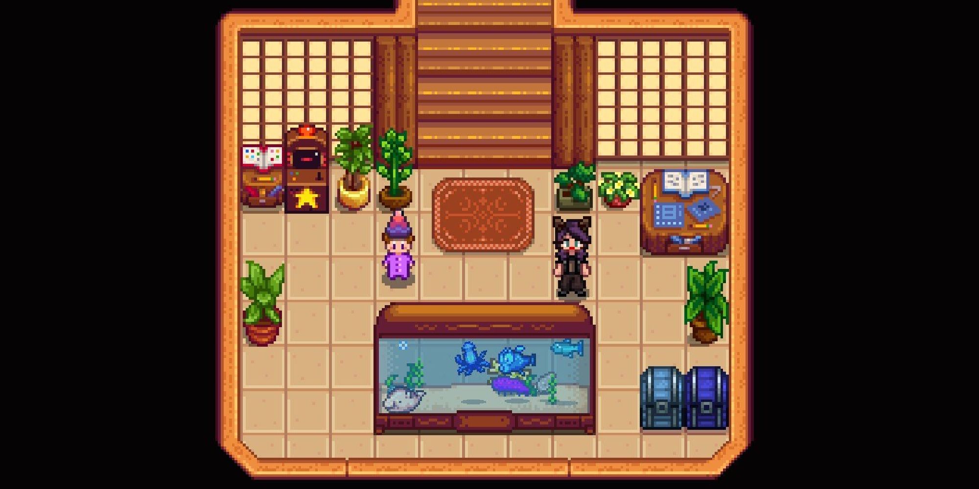 player standing near a fish tank with their child