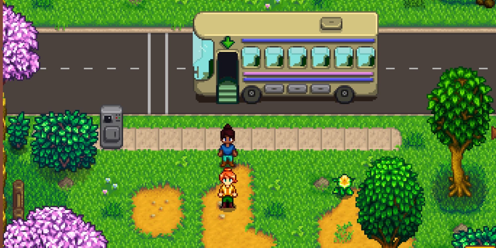 Robin leading the player character away from the bus as they arrive