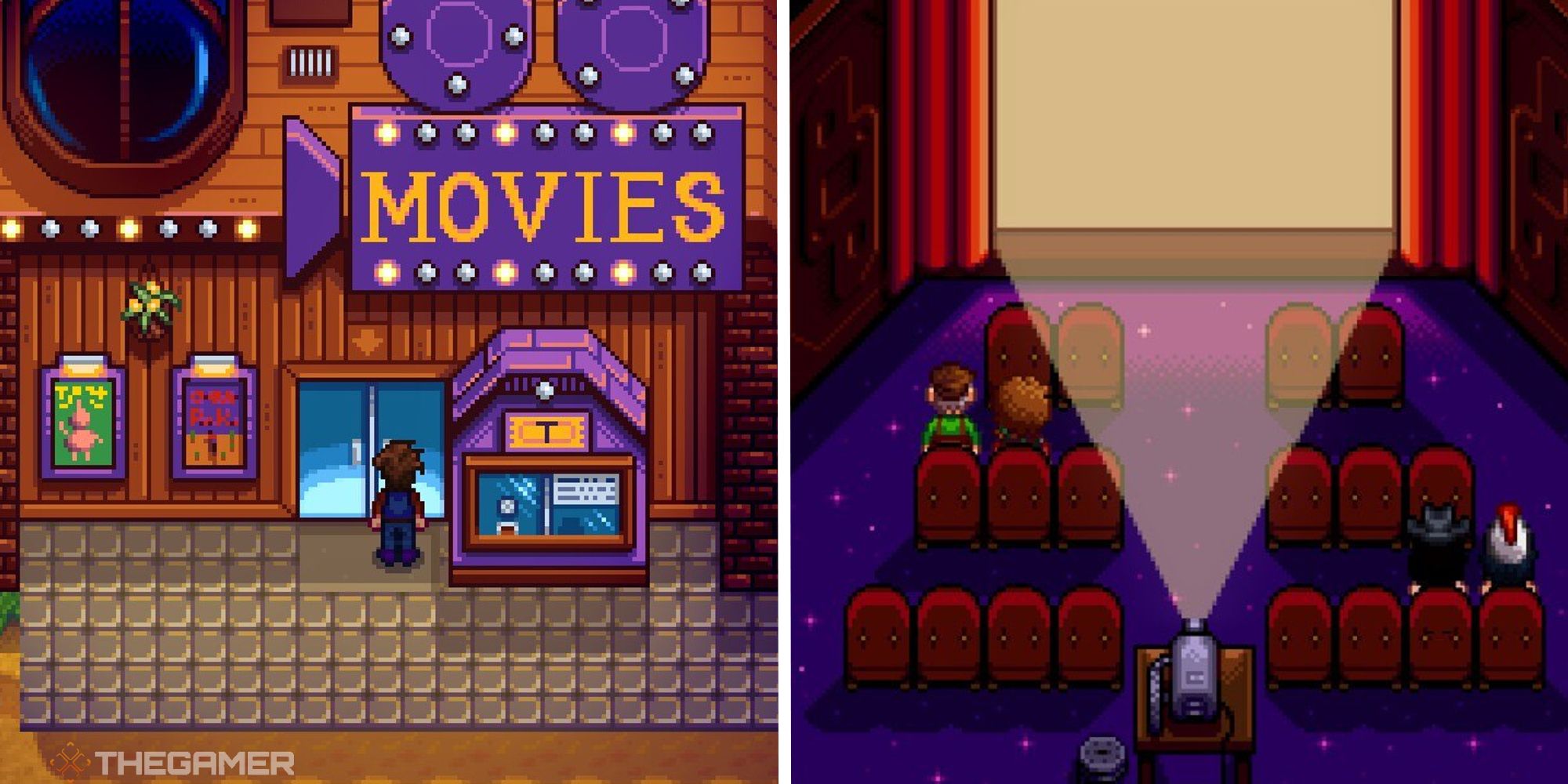 split image showing movie theatre outside and interior