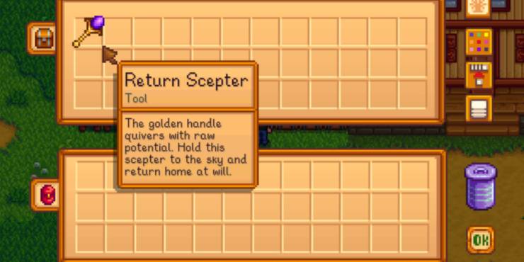 An almost empty chest and inventory highlighting the return scepter and what it does
