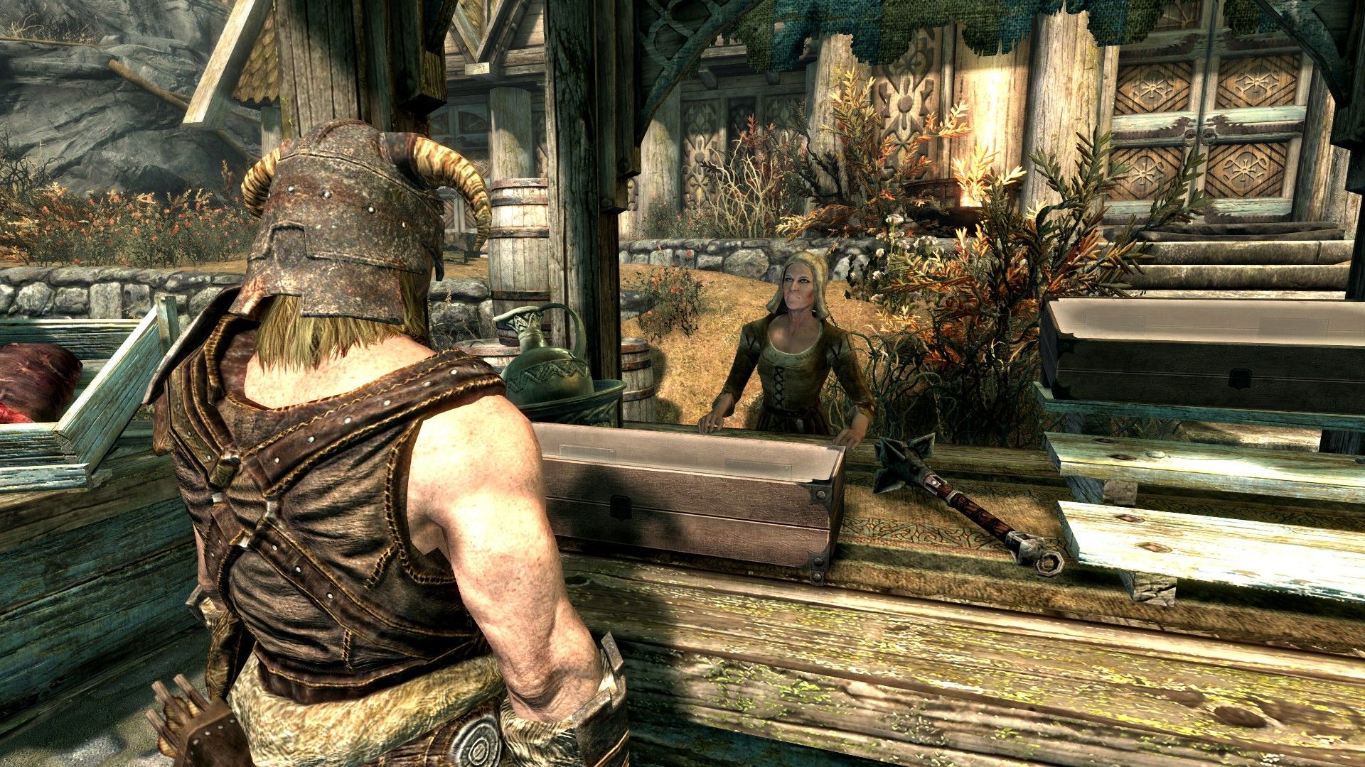 An old lady speaks to an adventurer at her stall inside a medieval city. 