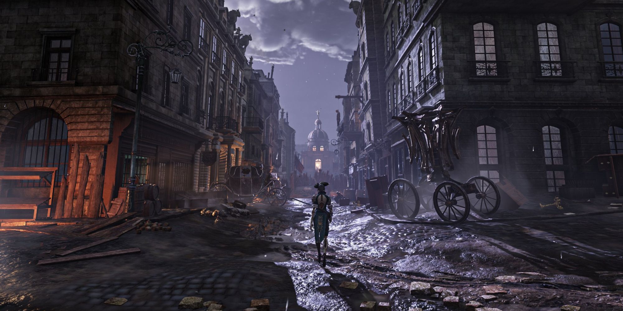 Aegis stands in a dark alley in Steelrising