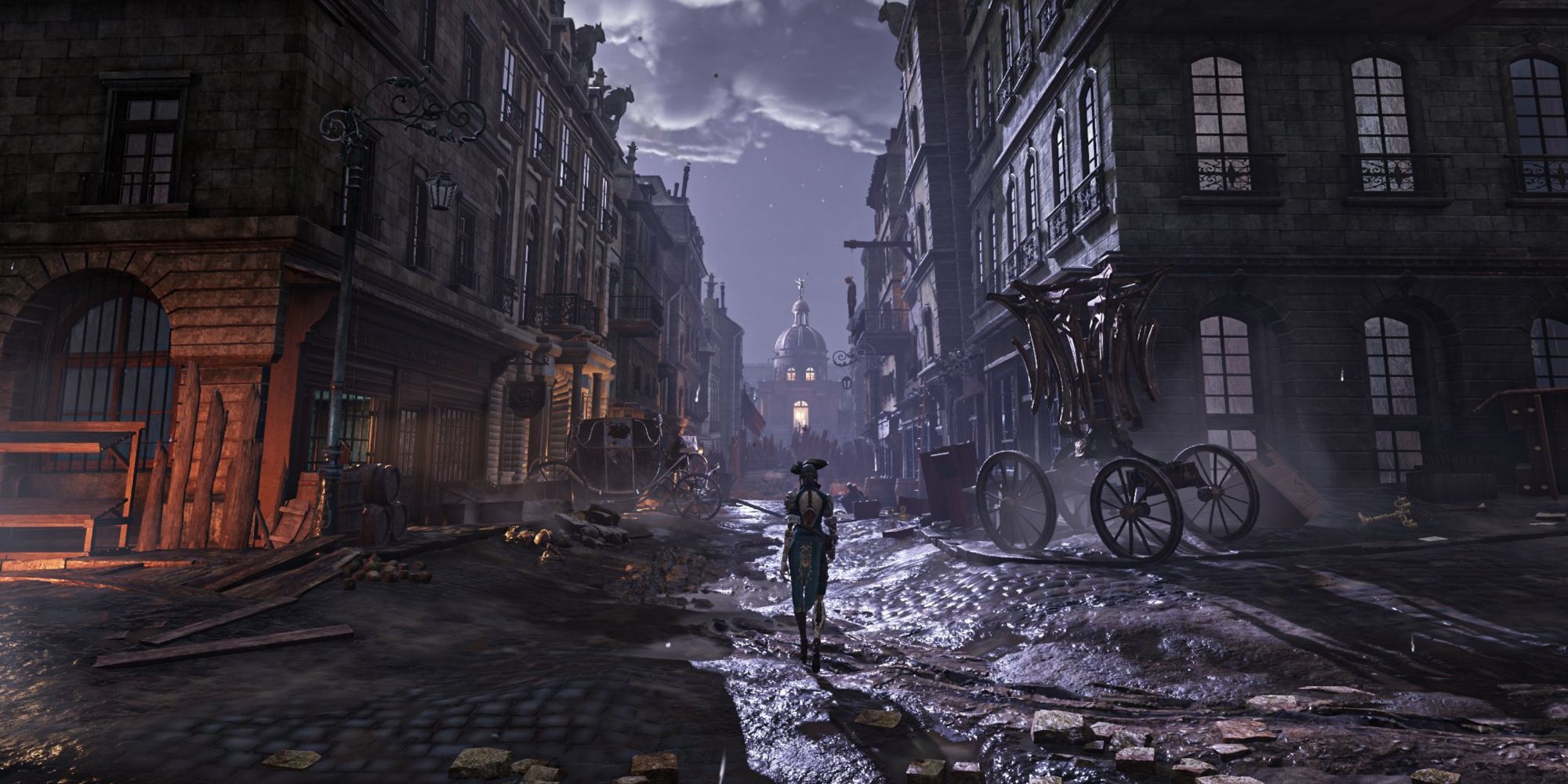 Aegis standing in a dark street in Steelrising