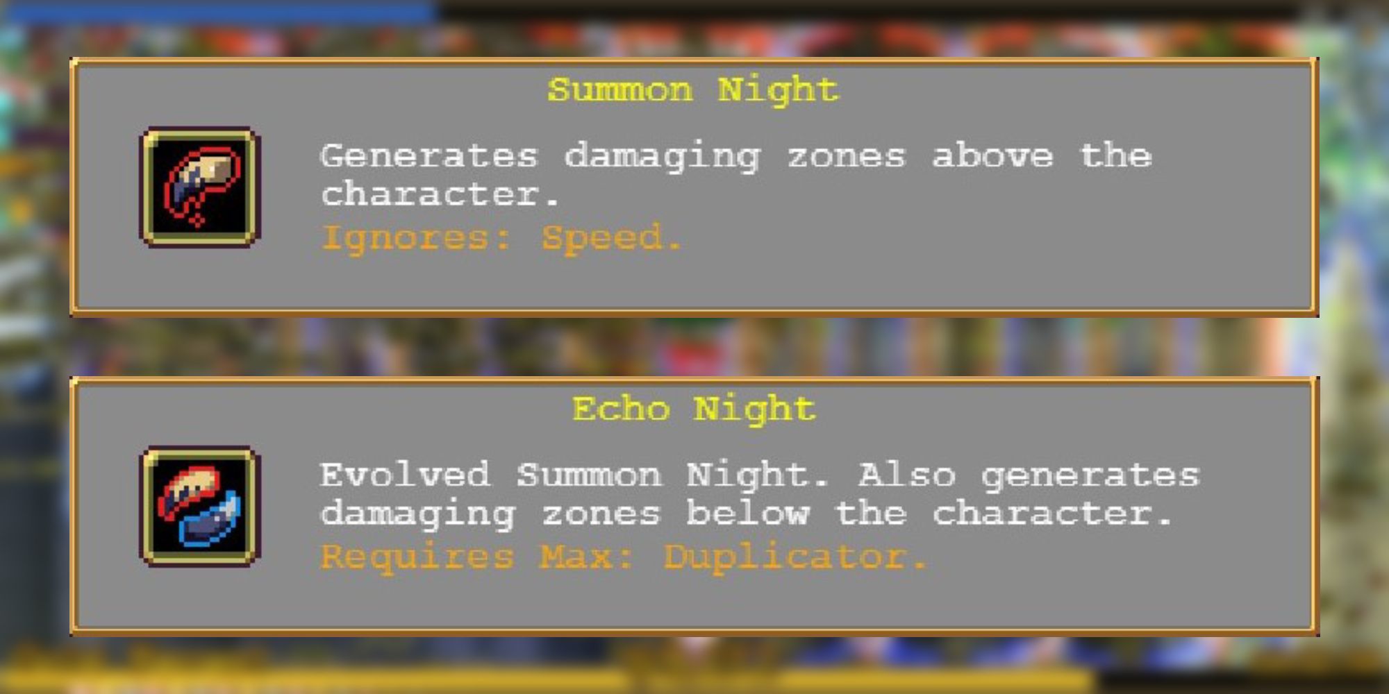 Information on the weapons Summon Night and Echo Night from Vampire Survivors.