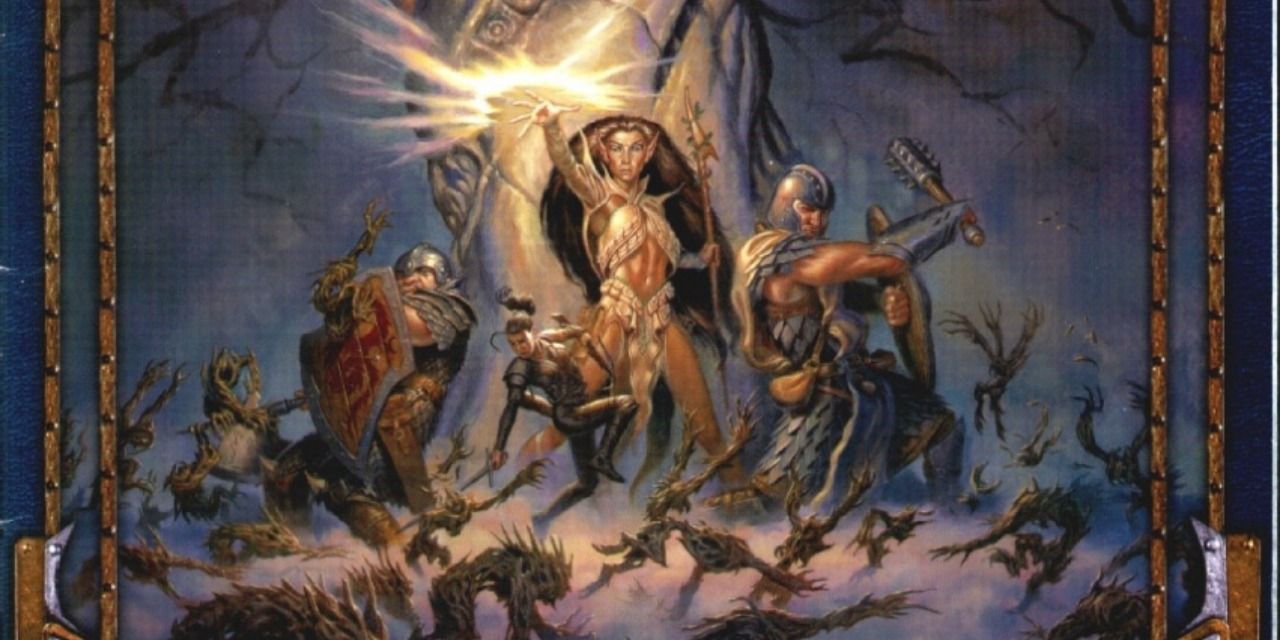 Adventuring party with a healing priest flanked by two melee fighters. Sunless Citadel, D&D module 3e