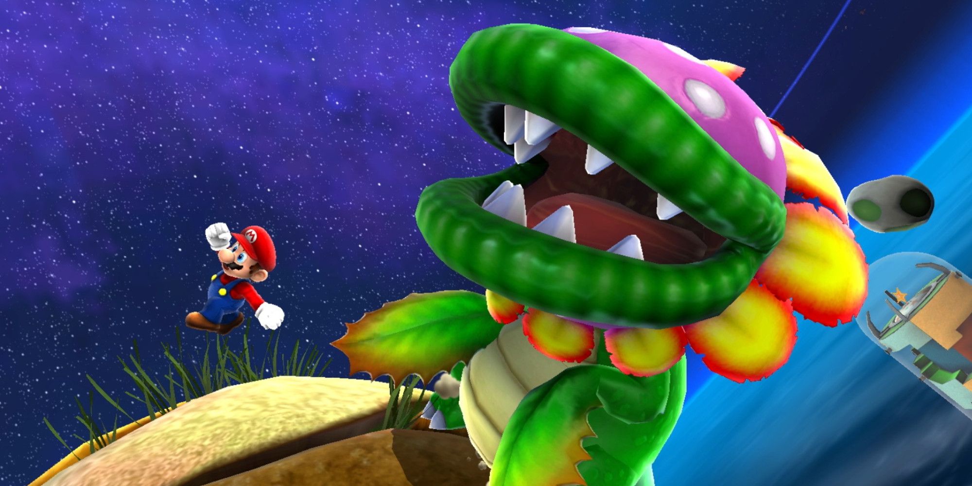 Mario pursued by a giant Piranha Plant in Super Mario Galaxy