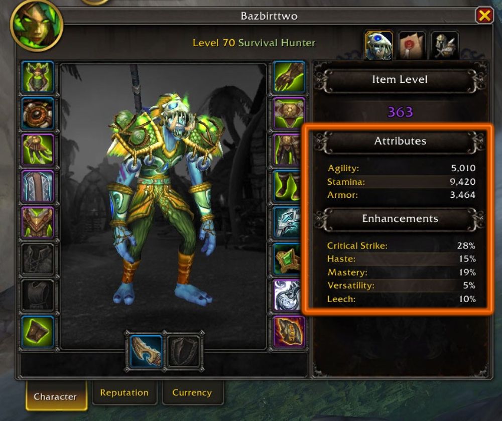 Survival hunter gear and stat profile with box around stats