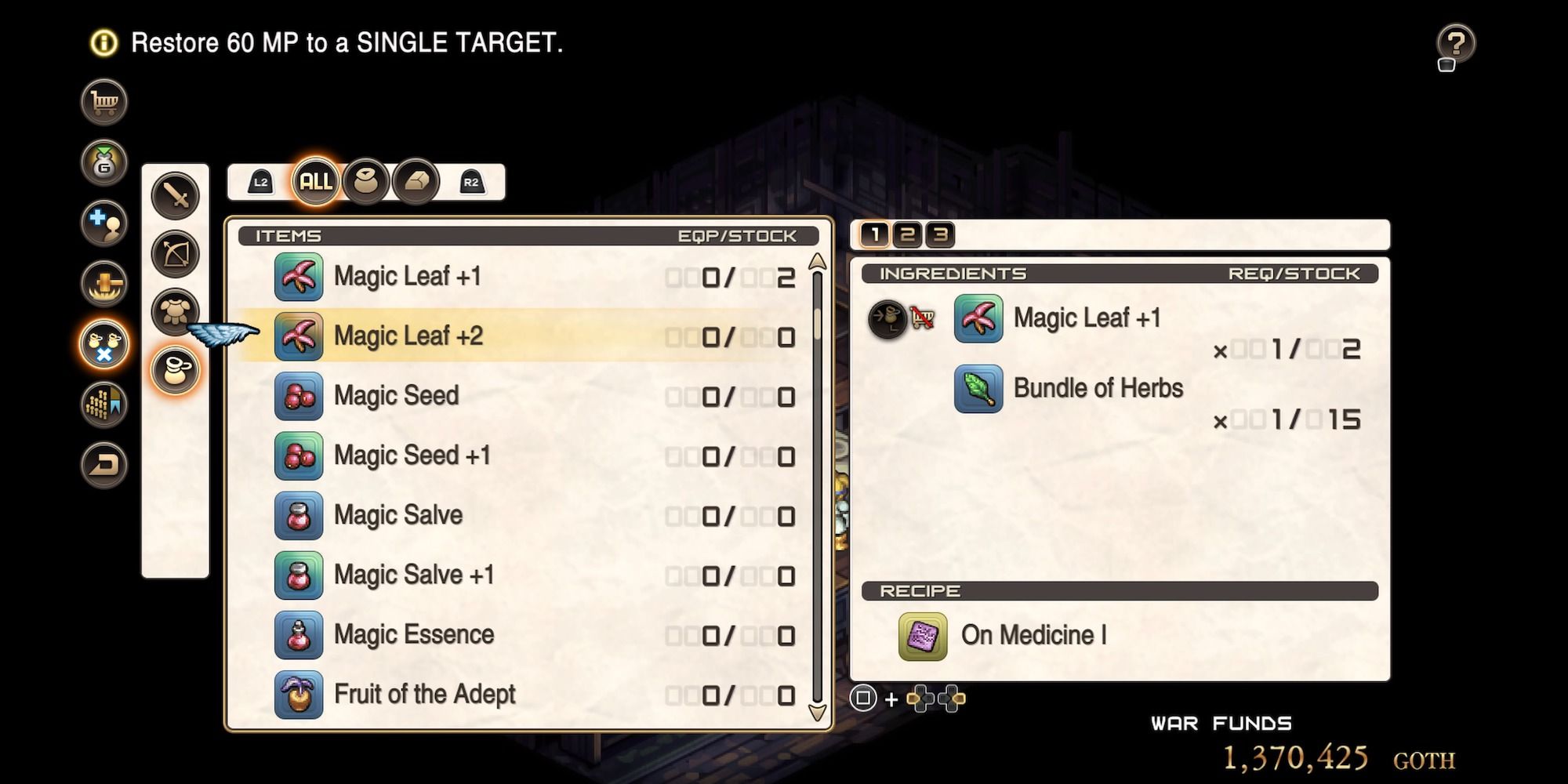 tactics ogre reborn magic leaf in crafting menu