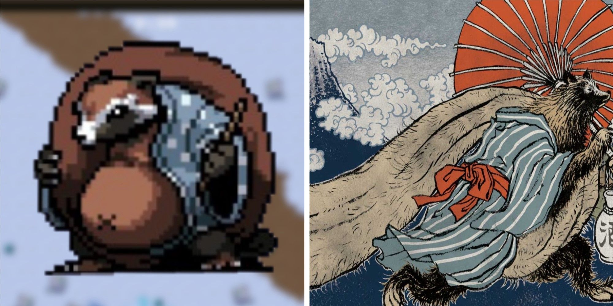 Tanuki sprite from Vampire Survivors alongside traditional art of a Tanuki.