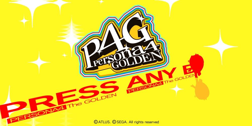 Teddie silhouetted in red running across the yellow screen behind the Persona 4 Golden logo