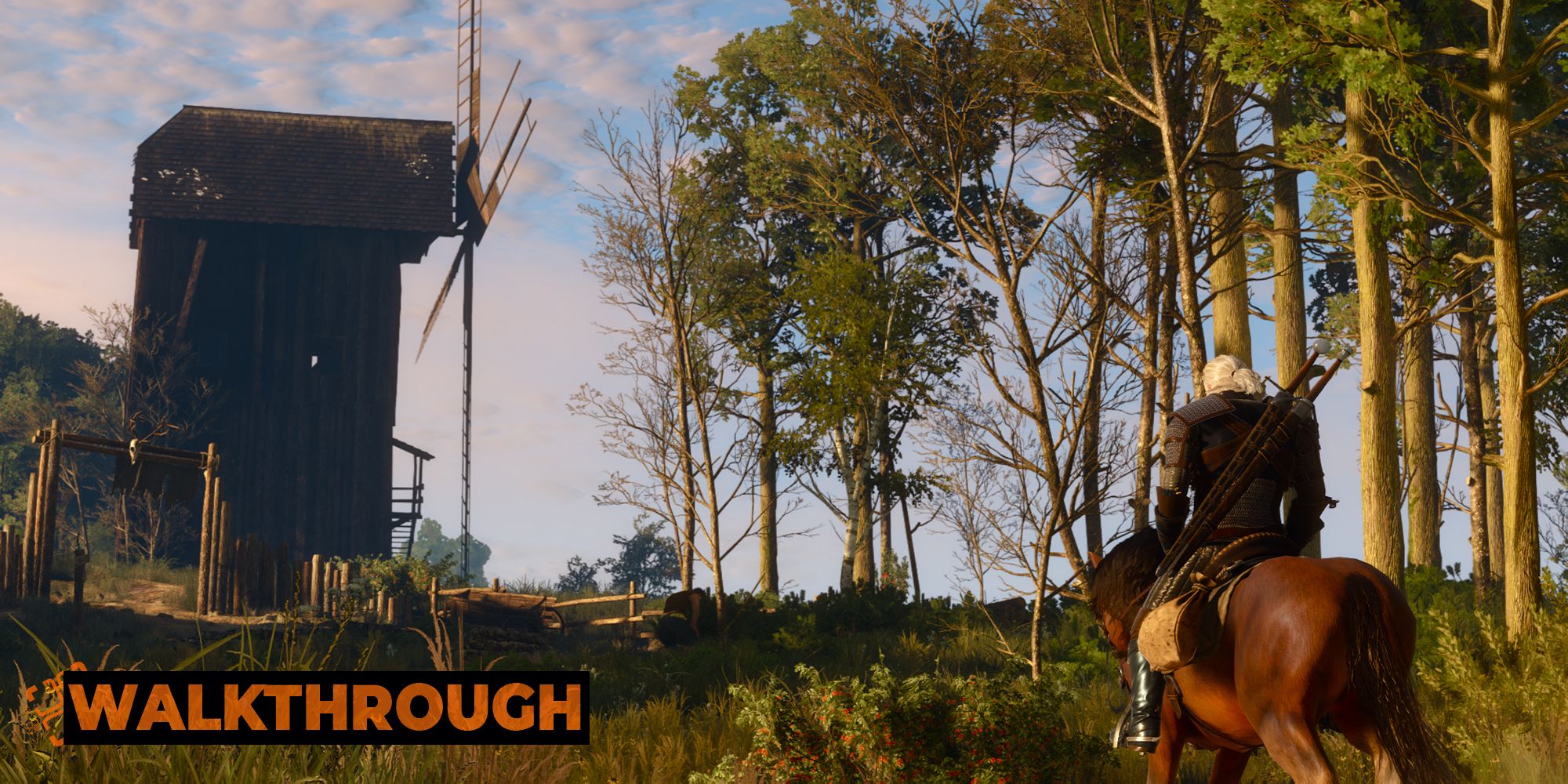 Geralt approaches a windmill on horseback