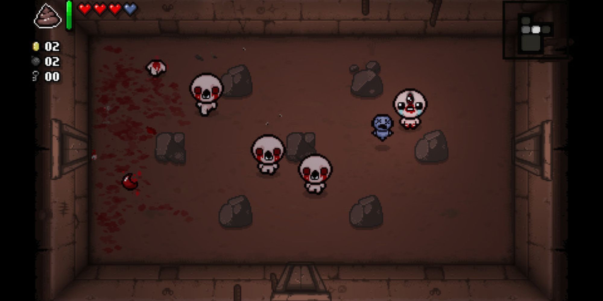 Isaac is chased by four enemies in a small room